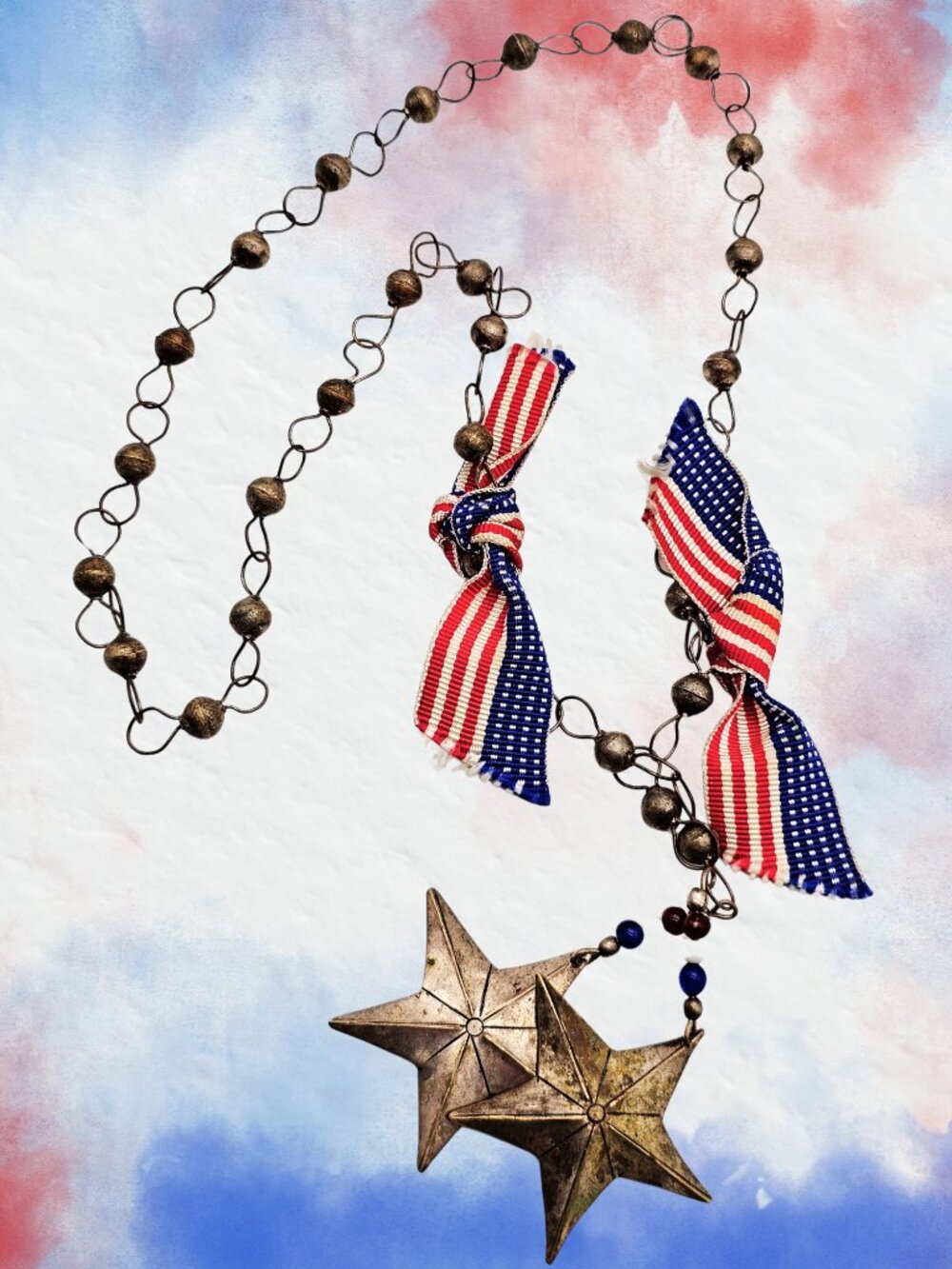Patriotic Americana Star Necklace Red White Blue Ribbon Silver Tone Stars Rustic